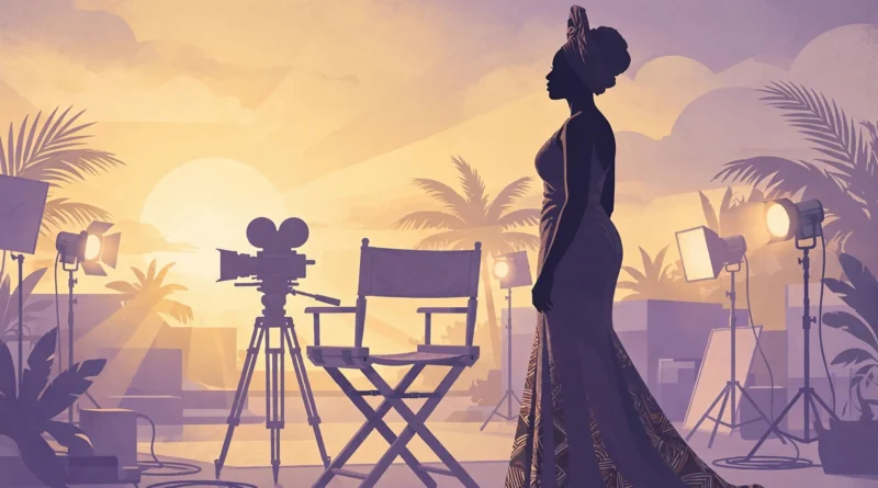 Stylized illustration of a Nollywood actress on a film set at golden hour