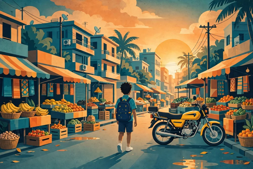 Stylized illustration of a young boy walking along a Lagos street at sunset
