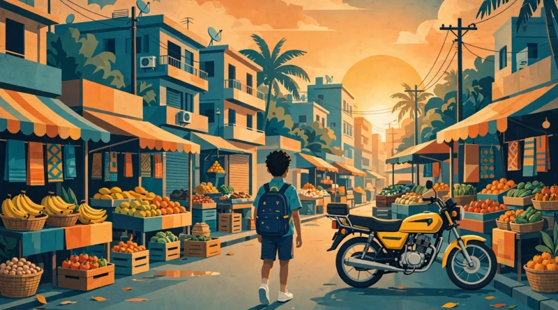 Stylized illustration of a young boy walking along a Lagos street at sunset