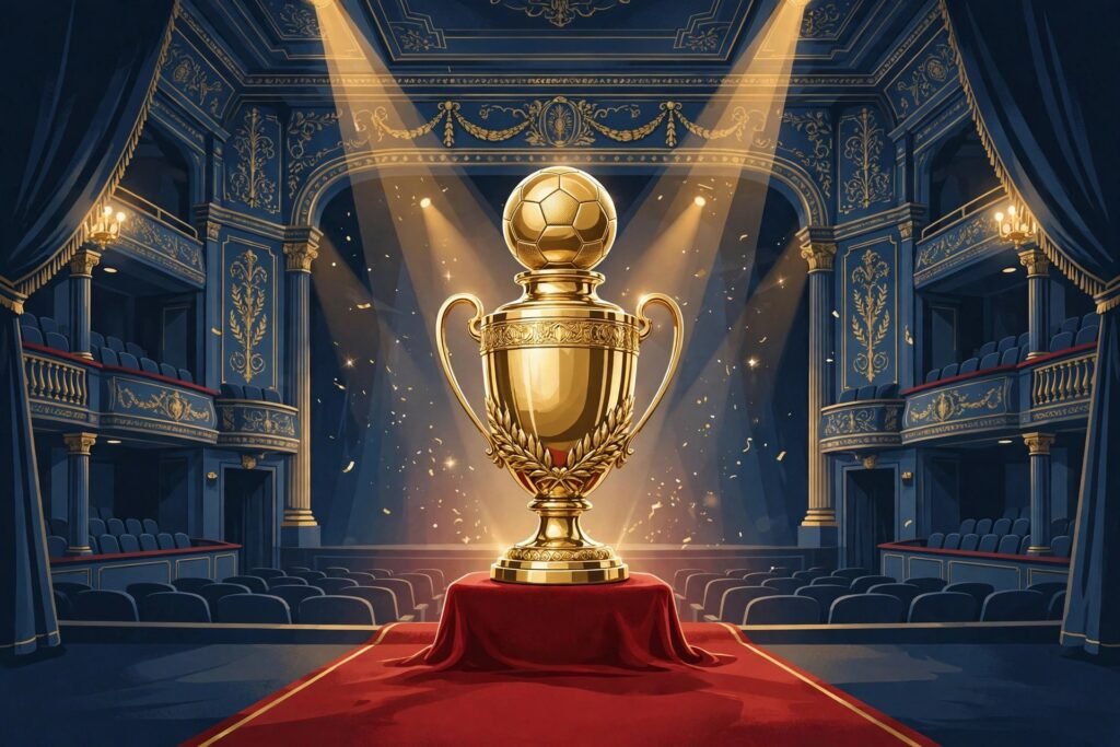 Golden football trophy on a red carpet in a London theatre