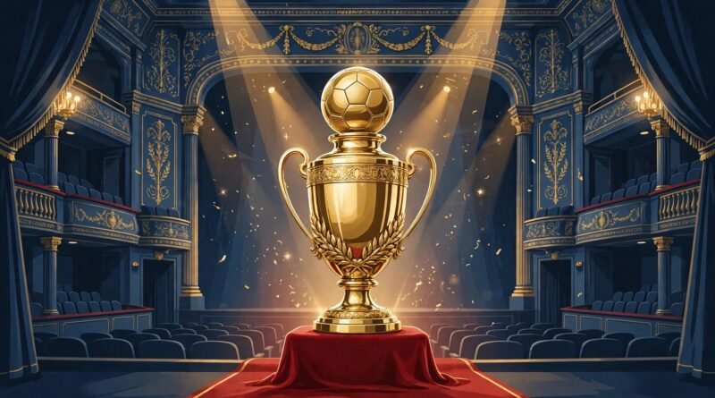 Golden football trophy on a red carpet in a London theatre
