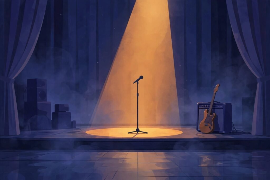 Empty concert stage with a microphone stand under a single spotlight