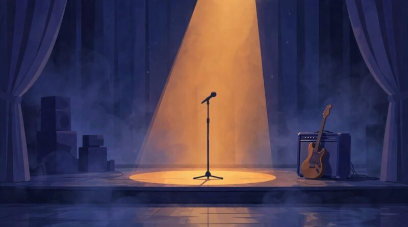 Empty concert stage with a microphone stand under a single spotlight